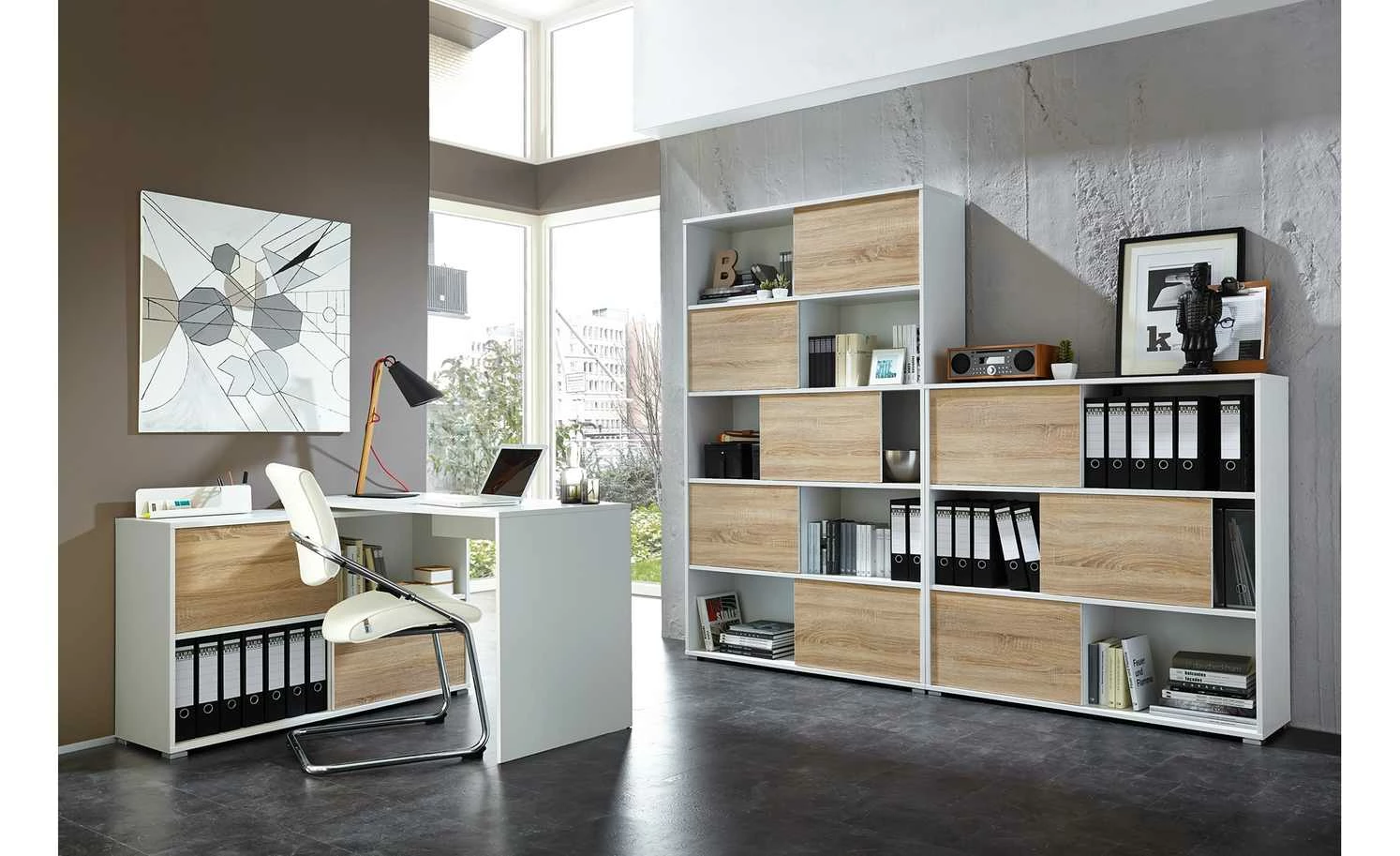 Schiebetürregal GW-Slide | Weiß / Eiche Sonoma (Nachbildung) 9 Schiebetürregal GW-Slide | Weiß / Eiche Sonoma (Nachbildung) – Bild 7