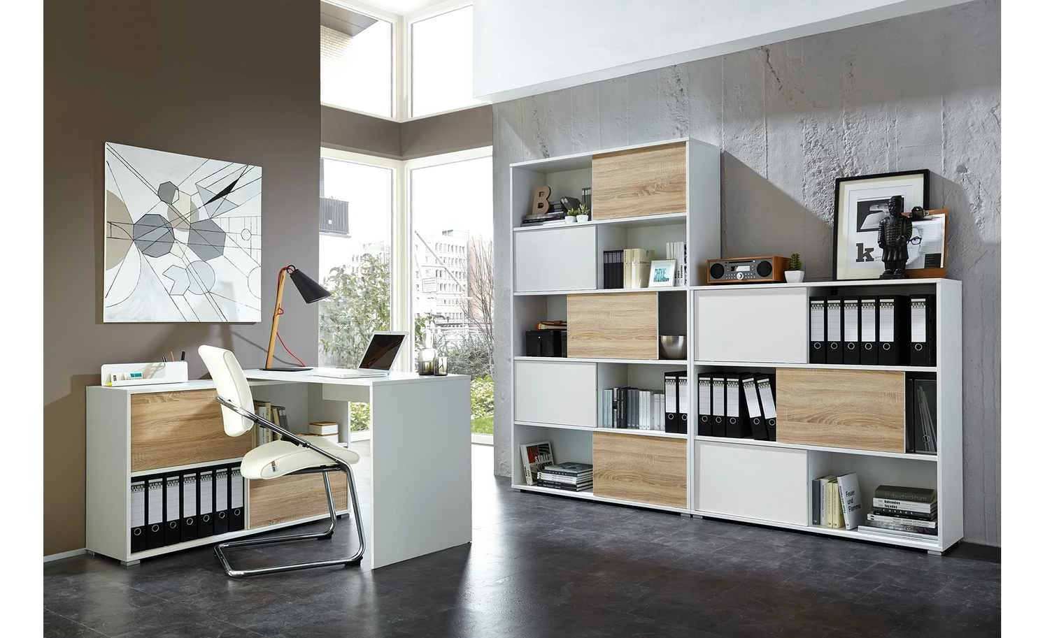 Schiebetürregal GW-Slide | Weiß / Eiche Sonoma (Nachbildung) 7 Schiebetürregal GW-Slide | Weiß / Eiche Sonoma (Nachbildung) – Bild 5